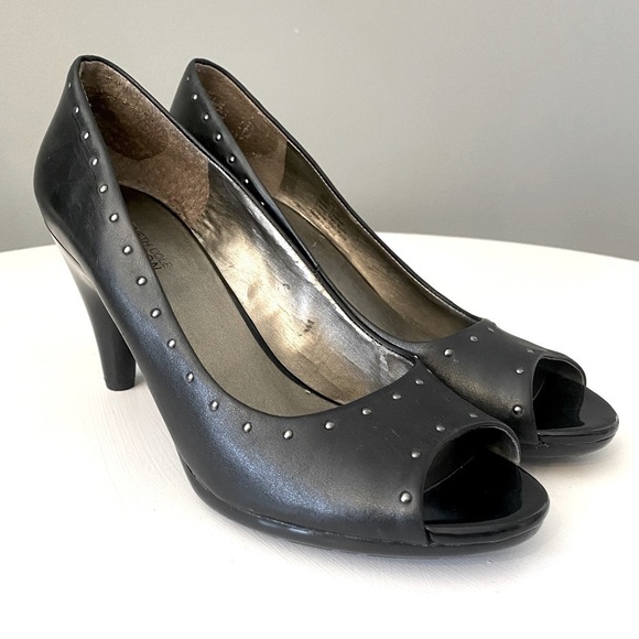 Kenneth Cole Black Studded Leather Peep-Toe Pumps - Picture 12 of 12